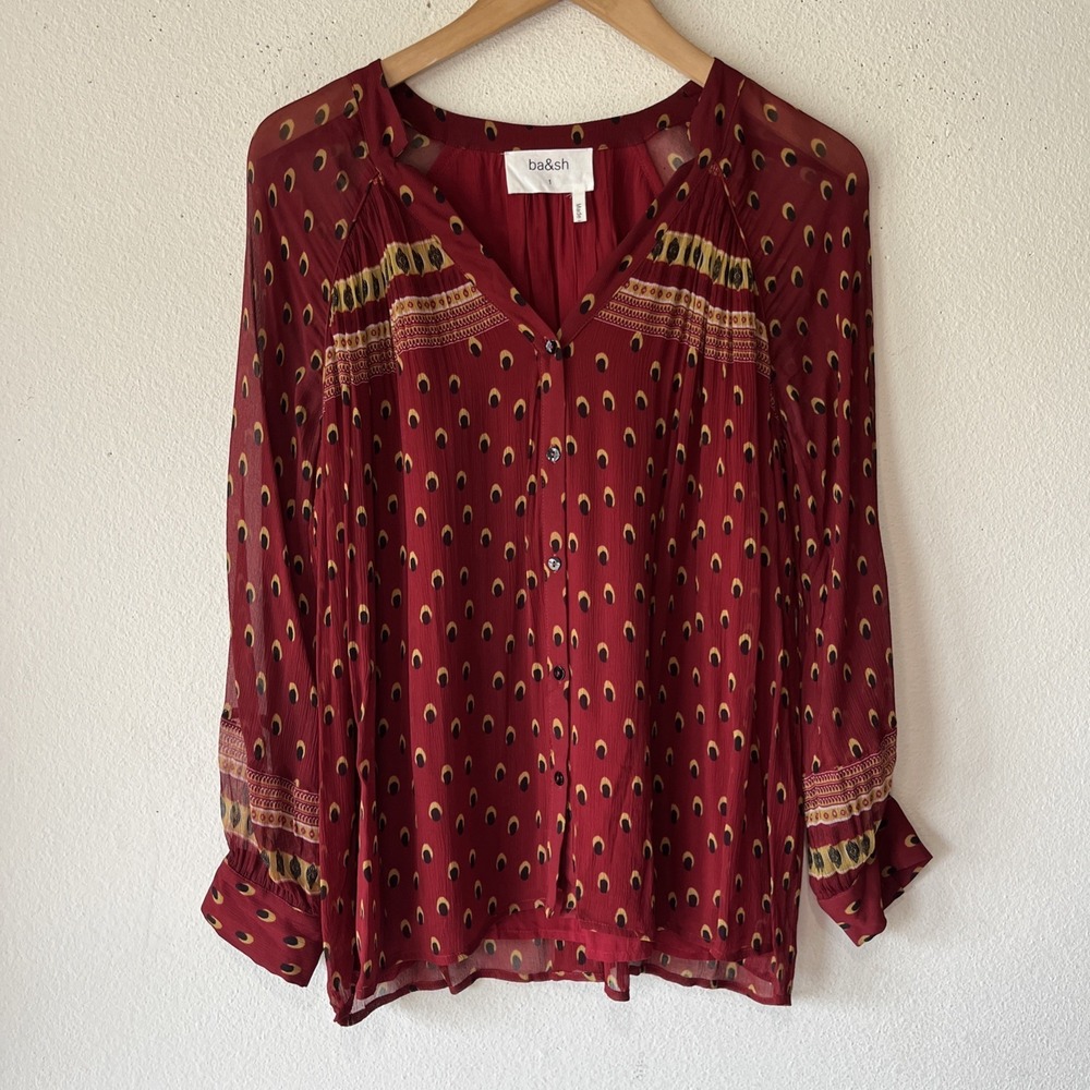 BA&SH  Carmin  Red Yellow Bird Print Boho Peasant Top Sheer Ethnic Sz 6 Preppy
